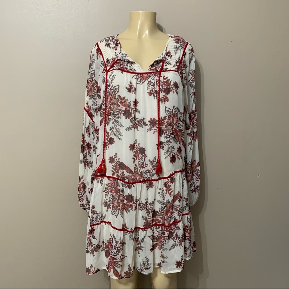 Great Jones Cream/Red Floral Boho Long Sleeve Dress Size Medium